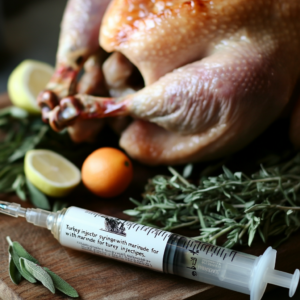 Turkey injector syringe with marinade for turkey injection recipes