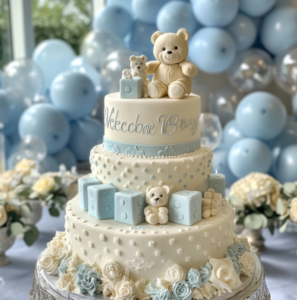 Elegant Blue Baby Shower Cake for Boys with Decorative Details