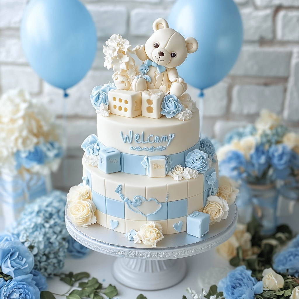 Creative Baby Shower Cake for Boys Featuring Blue and White Decorations