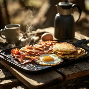 A cozy outdoor morning scene with a Blackstone griddle sizzling with crispy bacon, fluffy pancakes, golden hashbrowns, and eggs sunny-side up. Steam rising from the food, warm sunlight casting a golden glow, a wooden picnic table nearby with coffee mugs and syrup. Realistic food photography, highly detailed, cinematic lighting.