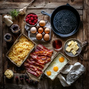 A top-down view of fresh breakfast ingredients laid out on a rustic wooden table: eggs in a carton, crispy bacon, shredded hashbrowns, melted butter, fresh berries, and a bottle of syrup. A Blackstone griddle is slightly visible in the background. Highly detailed, natural lighting, food photography style.