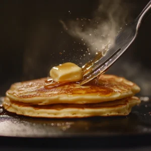 A close-up shot of golden pancakes being flipped on a Blackstone griddle with a stainless steel spatula. The pancakes are perfectly cooked with crispy edges, and butter is melting on top. Steam rising, syrup drizzling in the background, vibrant and realistic food photography, cinematic lighting.A close-up shot of golden pancakes being flipped on a Blackstone griddle with a stainless steel spatula. The pancakes are perfectly cooked with crispy edges, and butter is melting on top. Steam rising, syrup drizzling in the background, vibrant and realistic food photography, cinematic lighting.