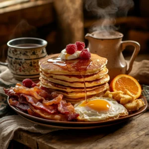 A mouthwatering Blackstone breakfast feast, beautifully plated on a rustic wooden farmhouse table. A tall stack of fluffy, golden pancakes drizzled with rich maple syrup and topped with fresh butter. Perfectly crispy bacon and golden hashbrowns with a slight crunch sit beside two sunny-side-up eggs with runny yolks. A side of fresh berries and orange slices add a pop of color. A steaming cup of coffee in a ceramic mug and a folded cloth napkin complete the cozy morning scene. Warm, natural morning sunlight streams through a window, creating soft shadows. Ultra-realistic food photography, high detail, shallow depth of field, cinematic lighting.