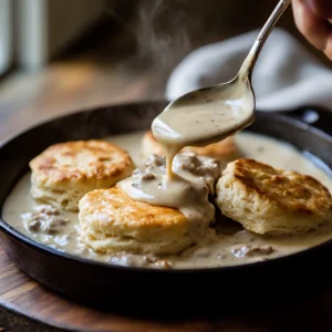 A rustic farmhouse-style kitchen, a cast-iron skillet bubbling with creamy sausage gravy, freshly baked golden-brown biscuits stacked nearby. Steam rises from the plate as a spoon drizzles thick, rich gravy over a split biscuit, creating the perfect Southern breakfast moment