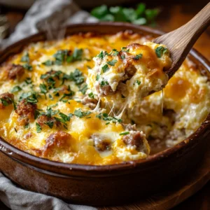 A freshly baked golden-brown breakfast casserole in a rustic ceramic dish, bubbling with melted cheddar cheese, crispy sausage crumbles, and fluffy eggs. A wooden spoon lifts a steaming, gooey portion, stretching the cheese, while fresh herbs are sprinkled on top. The warm morning sunlight highlights the rich textures, creating a comforting and irresistible breakfast scene