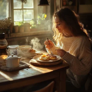 A cozy morning kitchen filled with golden sunlight, a wooden breakfast table set with a steaming plate of sizzling sausage, fluffy scrambled eggs, and a buttered biscuit. A woman in a soft sweater enjoys her meal, smiling as the aroma of coffee and spices fills the air, evoking warmth and nostalgia