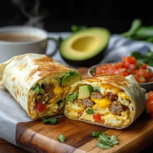 A vibrant kitchen scene with a wooden cutting board displaying a warm, golden-brown breakfast burrito sliced in half, revealing layers of scrambled eggs, melted cheese, crispy sausage, and fresh avocado. A side of spicy salsa and a steaming cup of coffee complete the perfect morning meal.