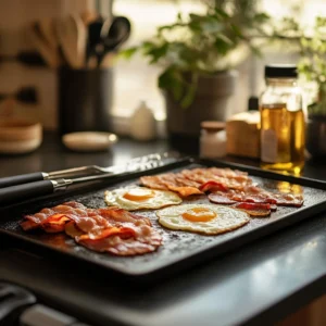 A professional griddle setup in a cozy home kitchen. A flat-top griddle is preheated with breakfast items cooking—pancakes, bacon, eggs, and hash browns sizzling. A spatula and tongs rest nearby, with a small container of cooking oil and seasonings in the background. Soft natural light coming from a kitchen window, warm and inviting ambiance, ultra-realistic textures, professional food photography, high-resolution 8K detail, cinematic depth of field.