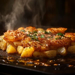 A sizzling flat-top griddle cooking golden, crispy hash browns and seasoned skillet potatoes. The hash browns have a crunchy exterior with a soft, fluffy center, while the diced potatoes are seasoned with paprika, salt, and fresh herbs. Steam rising, warm morning lighting, ultra-realistic food textures, cinematic food photography, 8K resolution, high detail