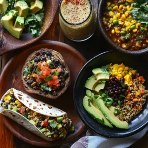 A vibrant breakfast spread showcasing five delicious ways to enjoy black beans in the morning. A hearty black bean breakfast burrito, neatly wrapped and cut in half, revealing layers of scrambled eggs, avocado, and salsa. A rustic wooden plate holds black bean and avocado toast, topped with chili flakes and lime zest. Nearby, a skillet with a spicy black bean scramble featuring sautéed onions and bell peppers. A colorful black bean and egg breakfast bowl with brown rice, fresh salsa, and creamy avocado slices sits in a ceramic dish. Lastly, a tall glass of black bean smoothie, rich and creamy, garnished with banana slices and a sprinkle of cocoa powder. Warm morning sunlight streams through a cozy kitchen window, enhancing the inviting atmosphere.