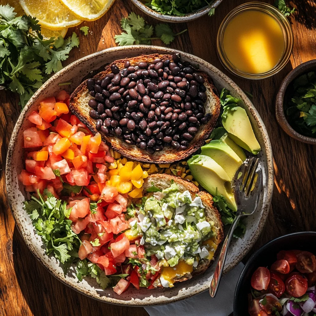 A vibrant, high-resolution breakfast spread featuring a black bean and avocado toast, a black bean breakfast burrito, and a protein-packed black bean bowl, garnished with fresh herbs and colorful vegetables, set on a rustic wooden table with warm morning sunlight.