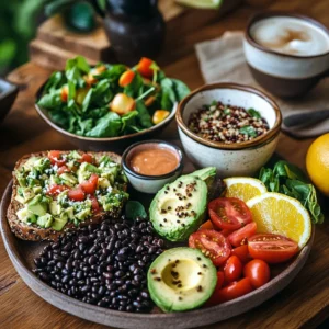 A beautifully styled breakfast table with a variety of nutritious dishes featuring black beans—black bean and avocado toast on whole grain bread, a high-protein black bean breakfast burrito, and a vibrant black bean and quinoa bowl. The scene is bathed in warm morning light, with fresh ingredients like tomatoes, spinach, and citrus slices arranged elegantly. Nutritional benefits are subtly illustrated, such as a glowing heart icon near black beans for heart health and an energy bolt symbol near quinoa. A soft-focus background showcases a cozy, inviting kitchen setting with a steaming cup of coffee.