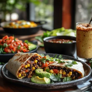 A beautifully arranged breakfast table featuring a variety of black bean-based dishes. A sizzling black bean breakfast burrito, cut in half, reveals layers of scrambled eggs, avocado, and melted cheese. A rustic plate holds a crispy slice of black bean and avocado toast, garnished with chili flakes and lime zest. A steaming skillet of black bean and egg scramble sits nearby, surrounded by fresh ingredients like bell peppers, onions, and cilantro. A colorful black bean breakfast bowl, topped with brown rice, salsa, and creamy avocado, adds a vibrant touch. In the background, a tall glass of black bean smoothie with banana and cocoa powder, elegantly presented with a straw and a sprinkle of cocoa, completes the scene. Soft morning sunlight streams through a cozy kitchen window, creating a warm and inviting atmosphere.