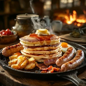 A beautifully styled breakfast griddle scene: fluffy pancakes stacked with melting butter and syrup, crispy bacon sizzling next to sunny-side-up eggs, golden hash browns, and freshly grilled sausages. Steam rising, warm morning sunlight streaming through a rustic kitchen window, ultra-realistic textures, vibrant colors, 8K resolution, professional food photography, cinematic depth of field