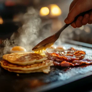 A close-up of a flat-top griddle with breakfast cooking in progress: golden pancakes being flipped, bacon sizzling, eggs frying, and steam rising. A hand using a spatula, warm kitchen lighting, shallow depth of field, ultra-realistic food textures, cozy morning ambiance, cinematic detail, high-resolution food photography