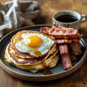 A plate of perfectly cooked breakfast griddle recipes: golden pancakes drizzled with maple syrup, crispy bacon, a sunny-side-up egg with a runny yolk, and hash browns with a crispy exterior. Served on a wooden table with a coffee cup, warm lighting, ultra-realistic textures, rich colors, high-resolution food photography, cinematic close-up.