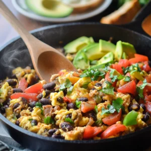 A sizzling cast-iron skillet filled with scrambled eggs, black beans, diced bell peppers, and melted cheese. The vibrant colors of red, green, and yellow peppers contrast beautifully with the dark beans. A wooden spoon stirs the ingredients while steam rises from the pan, giving a sense of movement. In the background, a breakfast plate is ready with avocado slices and toasted bread. The setting is bright and inviting, with a hint of spice in the air, capturing the essence of a perfect high-protein breakfast.