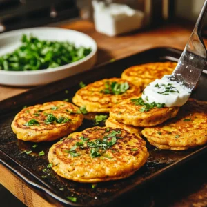 A flat griddle with golden chickpea pancakes cooking to perfection, crispy on the edges yet soft inside. The first pancake is flipped mid-air with a spatula, revealing its golden-brown surface. On a nearby plate, stacked pancakes are drizzled with yogurt and topped with fresh herbs. The setting is a bright, modern kitchen with natural wood textures and a touch of greenery, capturing the lightness and nourishment of this gluten-free breakfast option