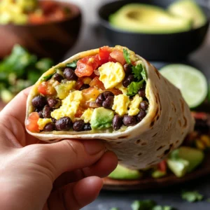 A vibrant breakfast scene featuring a freshly rolled burrito cut in half, revealing layers of black beans, scrambled eggs, diced tomatoes, and creamy avocado. A hand gently lifts one half, showing gooey melted cheese stretching between the layers. In the background, a kitchen countertop displays neatly arranged ingredients: tortillas, a bowl of seasoned beans, fresh salsa, and a squeeze of lime. The image is energetic and inviting, emphasizing bold flavors and a protein-packed start to the day.