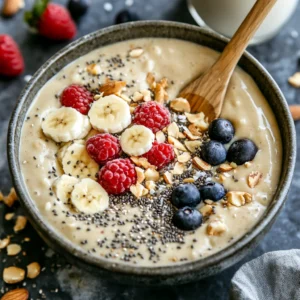 A beautifully arranged smoothie bowl with a creamy blend of white beans, banana, and almond milk, topped with fresh berries, chia seeds, and shredded coconut. A wooden spoon swirls through the velvety mixture, creating a mesmerizing ripple effect. Soft morning light highlights the freshness of the ingredients, while a glass of almond milk and a few scattered nuts sit nearby. The overall aesthetic is dreamy and health-focused, perfect for those looking for an innovative, high-protein breakfast