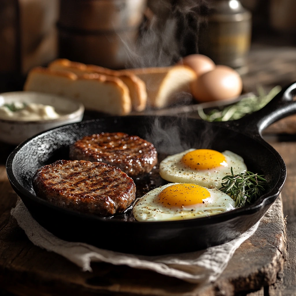 A rustic breakfast scene featuring sizzling deer breakfast sausage patties in a cast-iron skillet, steam rising, with fresh herbs, eggs, and buttered toast on a wooden table, natural lighting, warm and inviting farmhouse atmosphere.