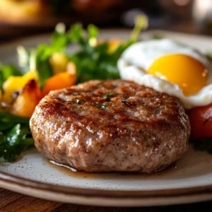 A close-up of a beautifully plated venison sausage patty, golden-brown and glistening, served alongside fresh vegetables and a poached egg. The dish looks lean and healthy, emphasizing the high-protein, low-fat qualities of venison. Soft natural lighting highlights the freshness of the ingredients, with a rustic wooden table and a farmhouse-style breakfast setting in the background. A subtle contrast between venison sausage and a traditional fatty pork sausage on a separate plate reinforces the health benefits.