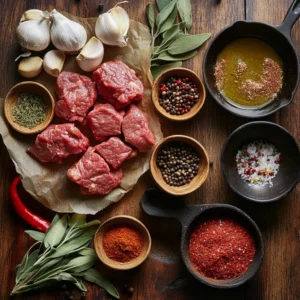 A beautifully arranged top-down view of fresh venison cuts, pork fat, and an assortment of vibrant spices on a rustic wooden kitchen counter. Small bowls contain freshly chopped sage, thyme, minced garlic, crushed red pepper flakes, black pepper, and brown sugar. A cast-iron skillet sits nearby, hinting at the cooking process. Natural, warm lighting enhances the rich textures and earthy tones, creating an inviting, homestyle atmosphere