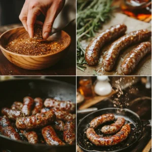 A visually detailed step-by-step composition of making homemade deer breakfast sausage. The image is divided into sections: freshly ground venison and pork fat in a rustic wooden bowl, a hand mixing aromatic spices like sage, thyme, and red pepper flakes, neatly formed sausage patties on parchment paper, and a sizzling cast-iron skillet with golden-brown sausage cooking to perfection. The background features a cozy farmhouse kitchen with warm natural lighting, evoking a sense of tradition and homestyle cooking.