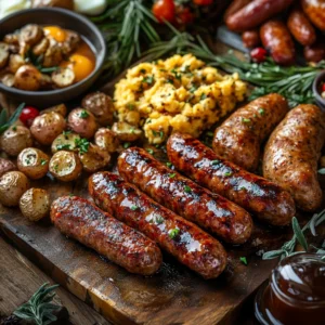  visually rich composition showcasing different variations of venison breakfast sausage. One section features spicy Cajun-style sausage with red pepper flakes and paprika, another highlights a sweet maple-glazed version with golden syrup drizzling over sausage patties, and a third displays a herb-infused European-style sausage with rosemary and fennel. Surrounding the sausages are side dishes like crispy breakfast potatoes, fluffy scrambled eggs, and toasted artisan bread. The scene is set on a rustic wooden table with warm natural lighting, creating a cozy and inviting homestyle breakfast atmosphere.