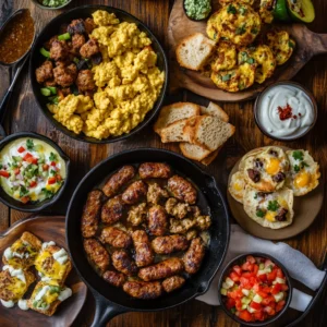 A beautifully arranged breakfast spread featuring venison sausage served in various creative ways. A rustic wooden table holds a sizzling cast-iron skillet with golden-brown venison sausage patties, fluffy scrambled eggs, crispy hash browns, and buttered biscuits topped with creamy sausage gravy. To the side, a vibrant veggie scramble with bell peppers and spinach, avocado toast topped with crumbled venison sausage, and a bowl of Greek yogurt with fresh berries add healthy options. A plate of breakfast tacos with eggs, cheese, and salsa, alongside sausage and cheese muffins, brings a modern twist. The setting is warm and inviting, bathed in soft natural morning light, evoking a cozy, farmhouse-style breakfast experience