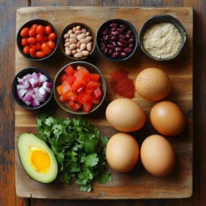 A beautifully arranged flat-lay of fresh ingredients for an eggs and beans breakfast. Two large eggs rest beside a bowl of cooked black beans, kidney beans, and cannellini beans. A halved avocado, diced tomatoes, finely chopped red onion, and minced garlic are displayed on a rustic wooden cutting board. Small bowls contain smoked paprika, cumin, salt, black pepper, and chili flakes. A drizzle of olive oil glistens in a tiny dish, with fresh cilantro and lime wedges adding a vibrant touch. Soft natural lighting highlights the freshness and rich colors of the ingredients, creating a warm and inviting kitchen scene.