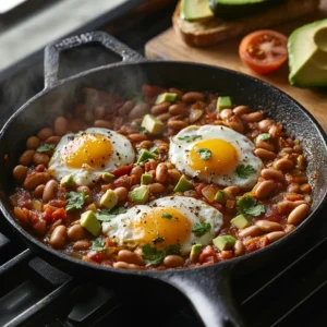 A rustic kitchen scene with a cast-iron skillet on a stovetop, sizzling with chopped onions and garlic in golden olive oil. Steam rises as diced tomatoes, smoked paprika, and cumin are stirred in, creating a rich, fragrant sauce. Cooked beans are gently simmering, absorbing the deep, smoky flavors. In the same pan, small wells hold perfectly poached eggs with soft, runny yolks. Fresh cilantro and crumbled feta are sprinkled on top, while a side of warm toast and avocado slices rests on a wooden cutting board. The scene is warmly lit with soft natural light, emphasizing the rich textures and colors of the dish.