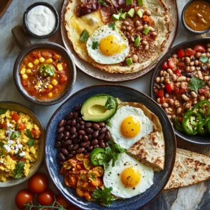 A beautifully arranged spread showcasing four variations of eggs and beans breakfast, each plated in a unique style. A Mexican-inspired dish with black beans, jalapeños, sliced avocado, and crumbled queso fresco sits next to a warm stack of corn tortillas. A Mediterranean version features cannellini beans, sun-dried tomatoes, fresh basil, and feta cheese, served with toasted pita bread. A British-style plate includes baked beans in tomato sauce, grilled tomatoes, mushrooms, crispy bacon, and buttered toast. Lastly, an Indian-inspired dish is presented with spiced beans infused with turmeric and garam masala, accompanied by naan bread and a dollop of creamy yogurt. The vibrant colors and rich textures are highlighted by soft, natural lighting, creating a cozy and inviting breakfast scene.