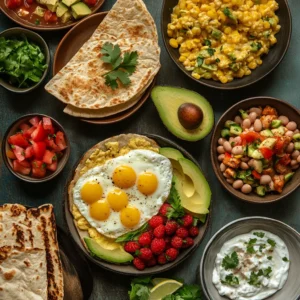 A beautifully arranged breakfast table featuring a variety of side dishes paired with a hearty plate of eggs and beans. On one side, golden sourdough toast, soft corn tortillas, and whole wheat pita bread are neatly stacked. A small dish of sliced avocado and a bowl of mixed berries add freshness and color. A serving of creamy Greek yogurt sits next to the main dish, offering a cooling contrast. Nearby, a plate of grilled chicken sausage, thinly sliced smoked salmon, and crumbled feta cheese provides extra protein options. The warm, inviting scene is lit with soft natural light, highlighting the rich textures and vibrant colors of each component.