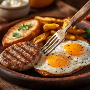 A beautifully plated breakfast with homemade Jimmy Dean-style sausage patties, sunny-side-up eggs, crispy hashbrowns, and buttered toast on a rustic wooden plate. A fork is cutting into a sausage patty, showing its juicy texture, while warm golden morning light adds a cozy feel – hyper-realistic, vibrant food photography, inviting breakfast scene.