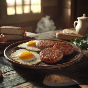 A rustic wooden kitchen with a plate of golden-brown venison breakfast sausage patties, steam rising, served with sunny-side-up eggs and toast, natural lighting, cozy farmhouse atmosphere, highly detailed, warm tones, soft shadows, photorealistic