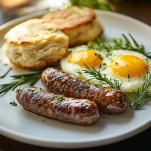 A gourmet-style plated venison breakfast sausage dish, beautifully arranged with fresh herbs, eggs, and homemade biscuits, white ceramic plate, high-end restaurant presentation, soft lighting, cinematic close-up, vibrant colors, highly detailed, food photography styleA gourmet-style plated venison breakfast sausage dish, beautifully arranged with fresh herbs, eggs, and homemade biscuits, white ceramic plate, high-end restaurant presentation, soft lighting, cinematic close-up, vibrant colors, highly detailed, food photography style