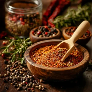  rustic wooden table filled with vibrant spices and herbs—paprika, garlic powder, black pepper, mustard seeds, and coriander—carefully arranged in small bowls. Fresh sprigs of rosemary, sage, and thyme rest nearby, their aromatic oils catching the warm glow of soft kitchen lighting. A wooden spoon stirs a bowl of ground venison, dusted with a perfectly balanced seasoning blend. In the background, a jar of molasses and a pinch of smoked paprika hint at the deep, rich flavors being crafted. The scene evokes warmth, tradition, and the art of perfecting venison sausage seasoning.