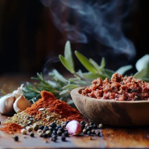 A close-up of a rustic wooden kitchen table covered in fresh spices and herbs—paprika, sage, black pepper, and garlic powder. A bowl of ground venison sits nearby, ready to be mixed. Soft, warm lighting highlights the rich, earthy tones of the ingredients. Wisps of smoke rise in the background, hinting at the depth of flavors about to be infused. The scene feels cozy and inviting, evoking the artistry of perfectly balancing gaminess, enhancing natural flavors, and creating a well-rounded sausage seasoning blend.