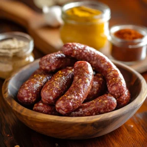 A close-up of raw venison sausage in a rustic wooden bowl, lightly coated with a mix of salt, spices, and a drizzle of molasses. Small glass jars of mustard, vinegar, and sugar sit nearby, representing the key elements that tenderize and balance the meat. A wooden cutting board dusted with seasoning powders—paprika, black pepper, and garlic—rests in the background under warm, golden kitchen lighting. The scene conveys the transformative process of seasoning, highlighting the chemistry of flavors as they absorb into the meat, making it juicier and more flavorful over time.