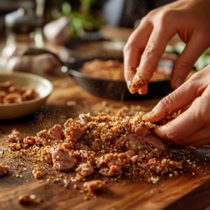 A rustic kitchen scene with a wooden countertop covered in freshly ground venison, evenly sprinkled with a vibrant blend of spices—paprika, garlic powder, and black pepper. A pair of hands gently kneads the seasoned meat, ensuring the flavors are fully mixed. Nearby, a bowl is covered and resting in the refrigerator, symbolizing the marination process. In the background, a small skillet sizzles with a test patty, while a grill and smoker sit ready for final cooking. The warm, ambient lighting highlights the rich colors and textures of the spices and meat, evoking a sense of craftsmanship and tradition.