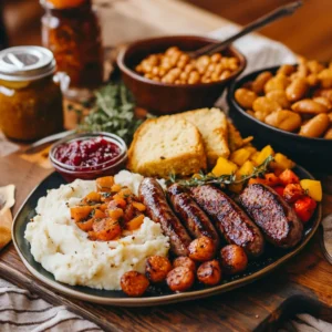  beautifully arranged farmhouse-style dining table set with a hearty meal. A plate of juicy, grilled venison sausage sits at the center, surrounded by creamy mashed potatoes, golden cornbread, and roasted vegetables. A small dish of smoky BBQ sauce and a jar of spicy mustard are nearby, ready for dipping. The scene is warm and inviting, with soft natural lighting highlighting the rich colors and textures of the food. A wooden serving board holds a steaming bowl of baked beans, while a spoon drizzles tangy cranberry sauce over a slice of sausage, creating the perfect balance of flavors