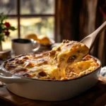 A freshly baked English Muffin Breakfast Casserole in a rustic kitchen setting. The golden, cheesy top is bubbling, with layers of eggs, sausage, and toasted English muffins visible. A wooden spoon is lifting a warm, gooey slice, revealing melted cheddar cheese stretching between layers. Soft morning light shines through a nearby window, illuminating a cozy breakfast table set with coffee and fresh fruit