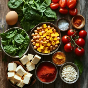 A top-down view of fresh ingredients for a healthy breakfast curry, beautifully arranged on a rustic wooden kitchen counter. A bowl of canned chickpeas, firm tofu cubes, and farm-fresh eggs sit beside a vibrant assortment of vegetables—crisp spinach leaves, sliced bell peppers, ripe red tomatoes, and diced onions with fresh garlic cloves. Small bowls hold aromatic spices: golden turmeric, deep red curry powder, fragrant cinnamon sticks, and ground cumin and coriander. A can of coconut milk is open next to a small dish of olive oil, with fresh cilantro and parsley sprinkled around. Warm, natural morning light streams in, casting soft shadows and enhancing the colors of the ingredients—ultra-detailed, photorealistic, 4K, food photography masterpiece