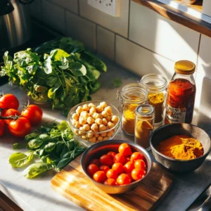 A beautifully arranged kitchen countertop with a selection of the freshest ingredients for making curry. Vibrant organic vegetables—plump red tomatoes, crisp bell peppers, leafy green spinach—are placed beside a bowl of home-cooked chickpeas and a can of rinsed canned chickpeas for comparison. Small glass jars hold freshly ground spices: golden turmeric, deep red curry powder, cumin, and coriander, with whole cinnamon sticks nearby. A bottle of organic olive oil and a can of rich coconut milk sit next to them, with a wooden spoon resting on a rustic spice board. Soft natural light streams in from a nearby window, highlighting the fresh, high-quality ingredients, creating a warm and inviting cooking atmosphere—photorealistic, ultra-detailed, 4K food photography, vibrant colors, top-down view.