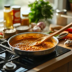 A cozy kitchen scene with a stovetop in focus, where a pan of rich, golden curry is simmering. A wooden spoon stirs the mixture, releasing steam infused with aromatic spices. Nearby, fresh ingredients—chopped onions, garlic, bell peppers, and tomatoes—are neatly arranged on a cutting board. Small bowls of turmeric, curry powder, cinnamon, cumin, and coriander sit alongside a can of coconut milk and a bowl of rinsed chickpeas. A cracked egg is ready to be poached in the simmering curry. Soft morning light filters through a kitchen window, creating a warm, inviting atmosphere. Ultra-detailed, photorealistic, 4K food photography, warm and vibrant colors, cinematic lighting.