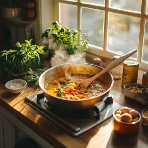 A cozy, sunlit kitchen with a rustic stovetop where a pan of rich, golden curry simmers gently. A wooden spoon stirs the thick, aromatic sauce, releasing wisps of steam filled with warm spices. On a nearby wooden countertop, neatly arranged fresh ingredients—chopped onions, minced garlic, diced bell peppers, and ripe tomatoes—sit on a cutting board. Small ceramic bowls hold vibrant turmeric, deep red curry powder, cinnamon sticks, cumin, and coriander. A can of coconut milk is open beside a bowl of rinsed chickpeas, ready to be added. A cracked egg rests in a small dish, prepared for poaching in the bubbling curry. Soft morning light streams through a nearby window, casting a golden glow over the scene, creating a warm and inviting atmosphere. Ultra-detailed, photorealistic, 4K food photography, warm and rich colors, cinematic lighting, shallow depth of field.