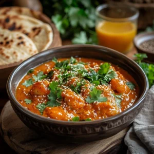 A vibrant and inviting healthy breakfast curry served in a rustic bowl, garnished with fresh herbs like cilantro and a sprinkle of sesame seeds, paired with a side of warm whole-grain naan or steamed quinoa. A sunny morning scene with soft natural light, a wooden table setting, and a cup of herbal tea or fresh orange juice nearby. The atmosphere is warm, wholesome, and balanced, evoking a sense of nourishment and satisfaction.