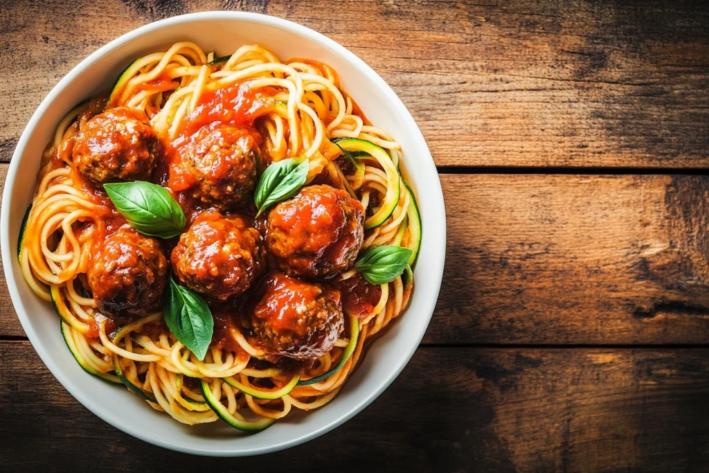 High Protein Lunch Ideas for Muscle Gain 5 Beef meatballs served over spiralized zucchini noodles with marinara sauce in a white bowl.