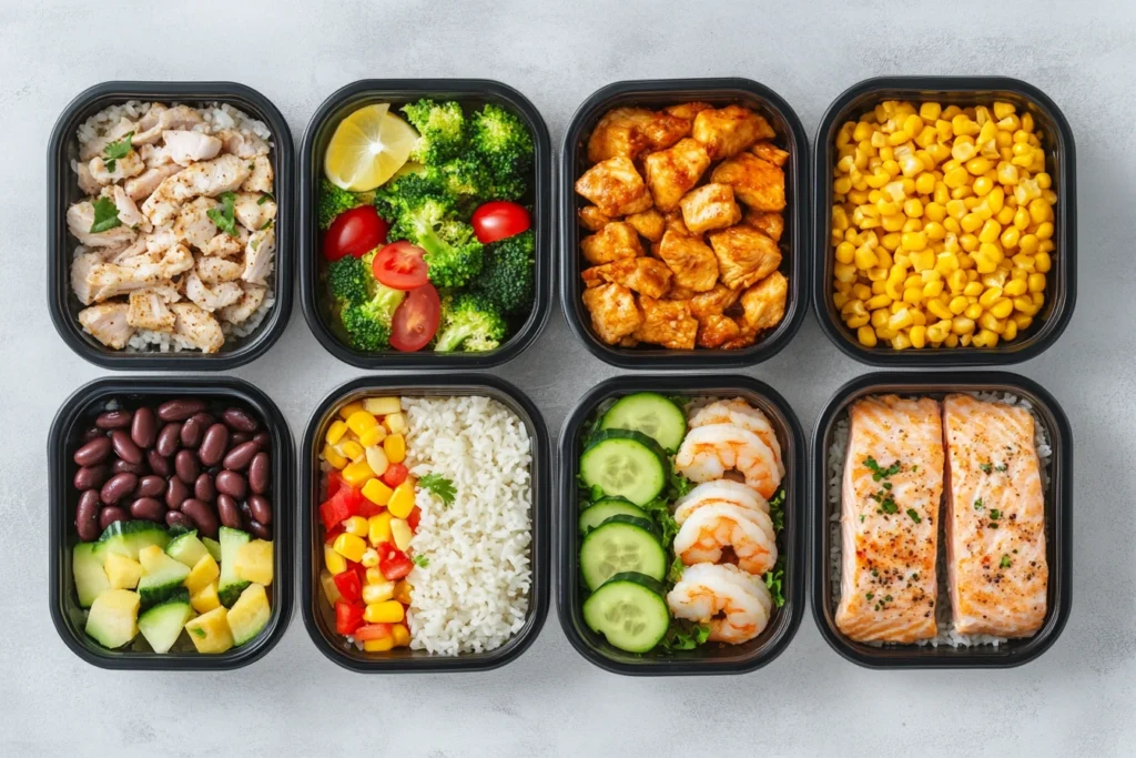 Five different high-protein lunch boxes including chicken, salmon, shrimp, quinoa, and vegetables